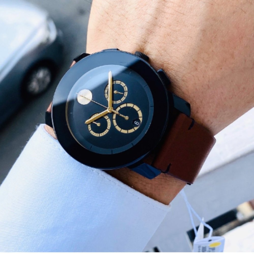 Movado Bold Black Dial '14kt' Accent Watch